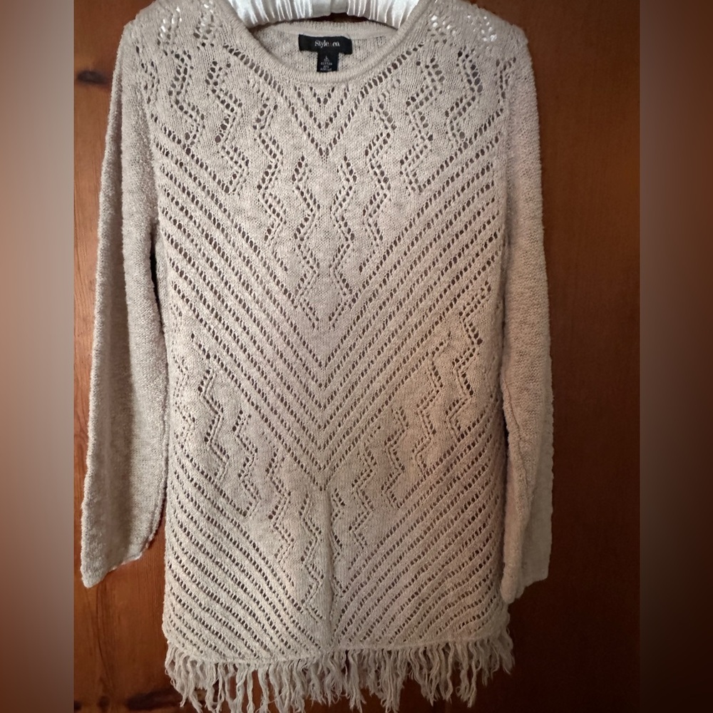 Style & Co. Womens Beige Fringed Knitted Sweater